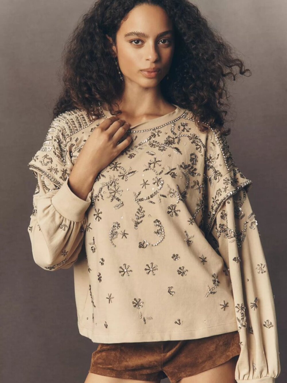 Anthropologie PILCRO Beige Beaded Sequin 100% Cotton Terry Sweatshirt, Size M - Picture 2 of 16